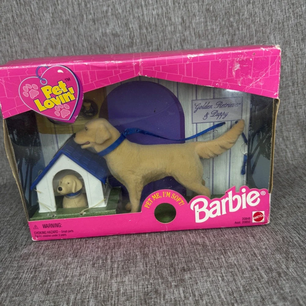 Vintage 1998 Mattel Barbie Pet Lovin Golden Retriever & Puppy Set 20848 Flocked